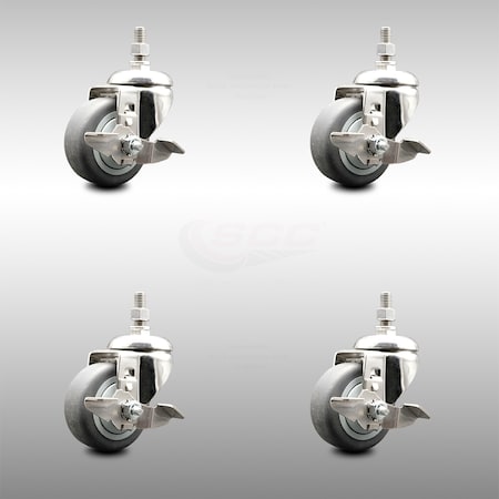 Service Caster 3.5 Inch 316SS Thermoplastic Rubber Swivel 1/2 Inch Threaded Stem Caster Set Brake SCC-SS316TS20S3514-TPRB-TLB-121315-4